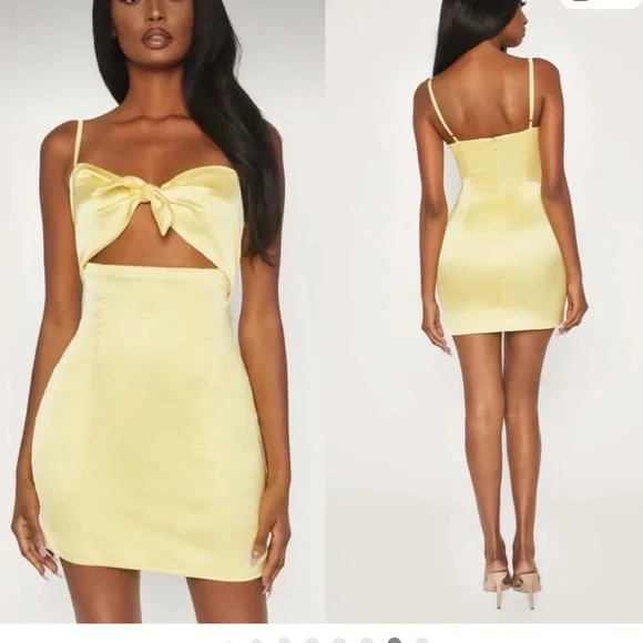 Meshki Tasia Tie Front Satin Mini Dress in Lemon yellow S NWT - Picture 2 of 16